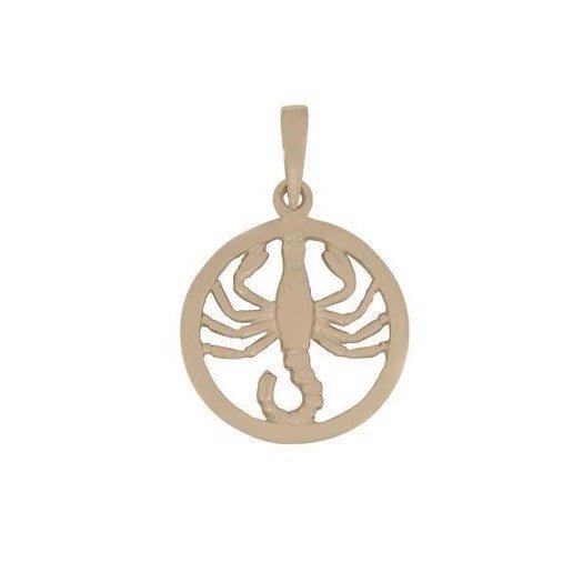 Personligt Siersbøl Skorpionen vedhæng i 8 eller 14 karat guld, blankt rund vedhæng med skorpionmotiv, 12 eller 15 mm diameter.